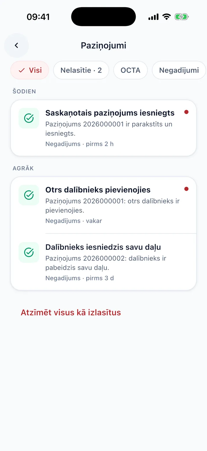 Paziņojumu iesūtne, sagrupēta pa dienām